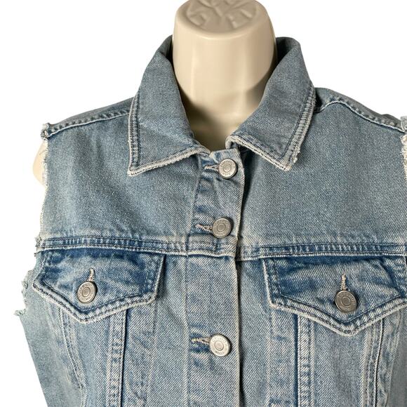 Topshop Moto Denim Vest US 4 Cotton Light Wash Cut Off Sleeves Jypsy Embroidery - Picture 3 of 9